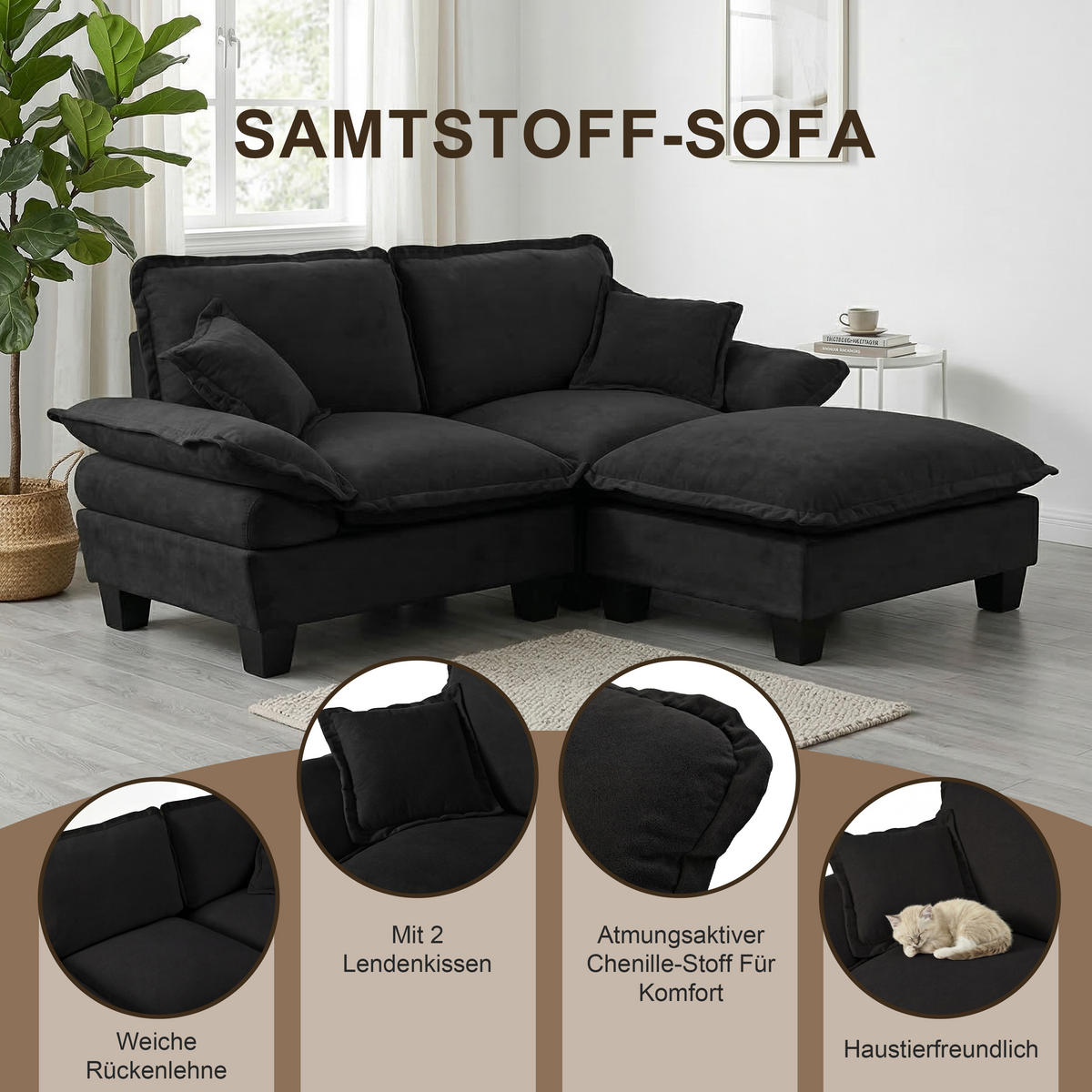 ECKSOFA 263/151/90 cm schwarz aus Chenille mit Ottomane - Schwarz, Textil (151/263cm) - OKWISH