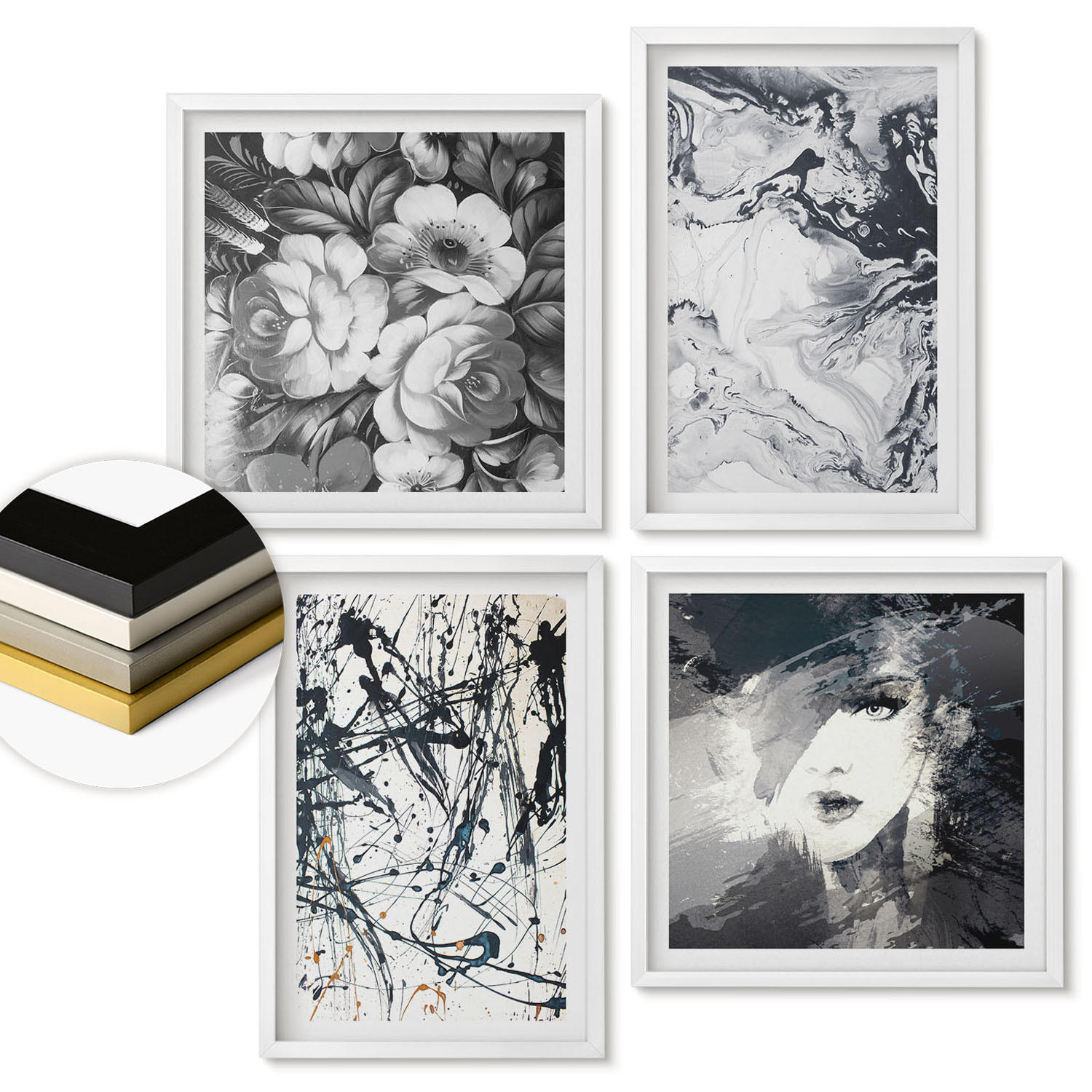 WANDBILDER 4er-Set - 50x50 cm & 40x60 cm Weißer Rahmen - Abstrakte schwarz-weiße Muster - Weiß, Kunststoff (50/50cm) - ArtPrintCave