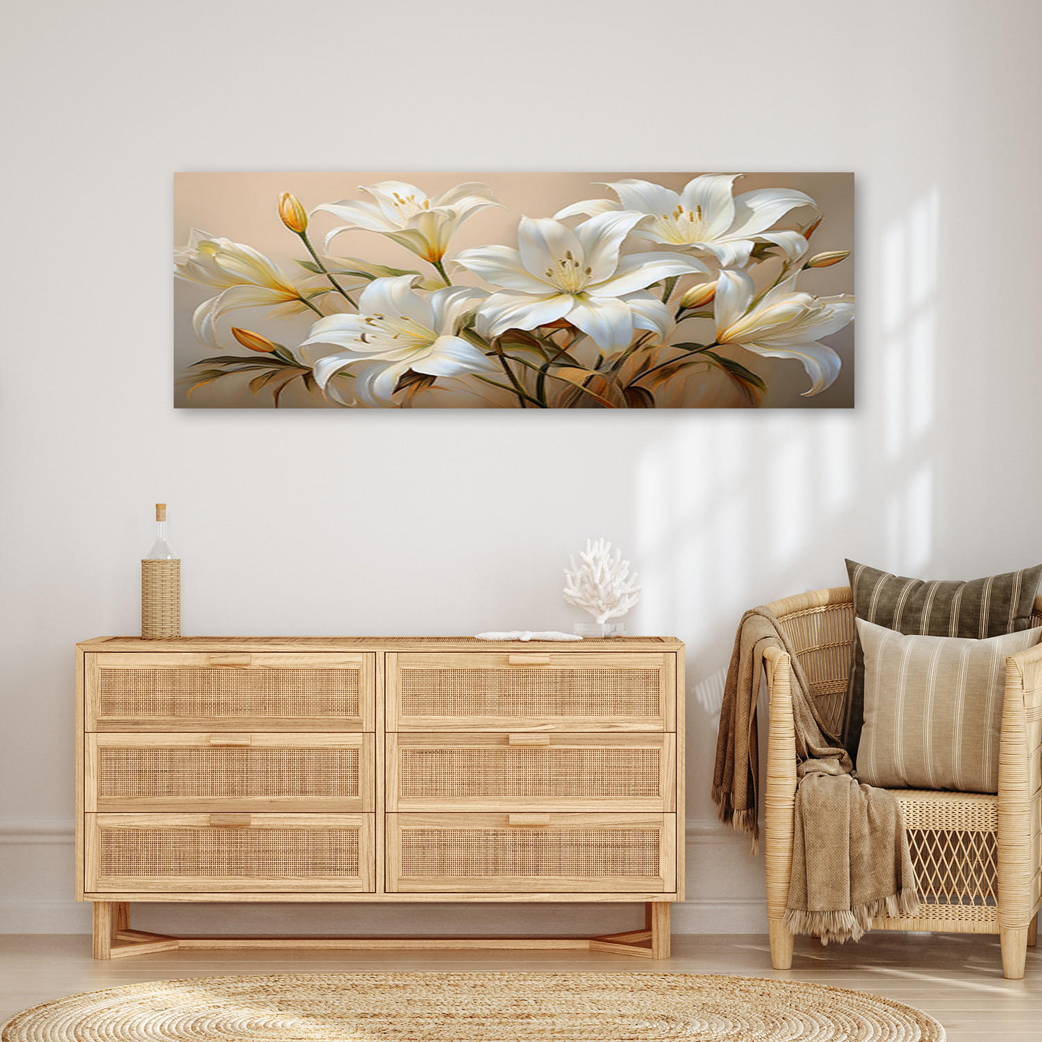 WANDBILD weiße lilien blumenstrauß blumen pflanzen - Beige, Textil (90/30cm) - Feeby