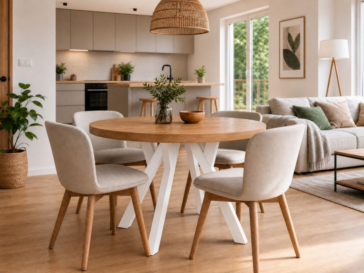 ESSTISCH ausziehbar rund ATO, 100-140 cm, Dekor Craft, weiße Holzbeine - Weiß/Braun, Holzwerkstoff/Buchenholz (100/100/77cm) - VENASI MÖBEL