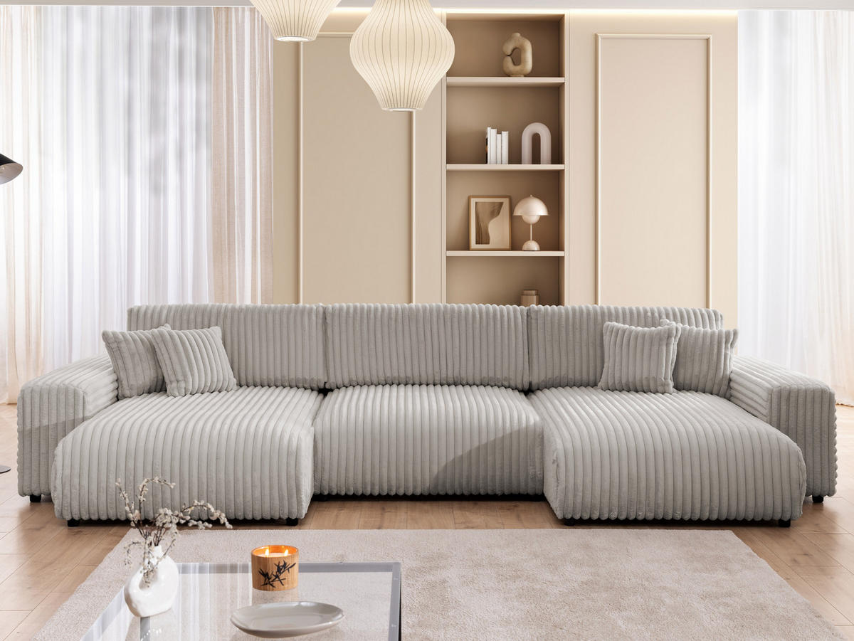 WOHNLANDSCHAFT Mollis Hellgrau Plüschcord mit Schlaffunktion - Hellgrau/Schwarz, Holz/Kunststoff (350/77/168cm) - S-Style Möbel