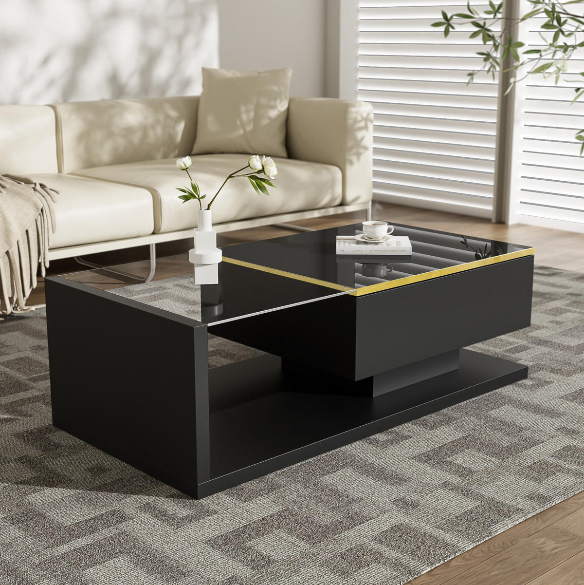 COUCHTISCH 100/50/32,5 cm in Hochglanz-Schwarz mit Glas und LED-Beleuchtung - Schwarz, Holzwerkstoff (100/50/32.5cm) - Flora Grace
