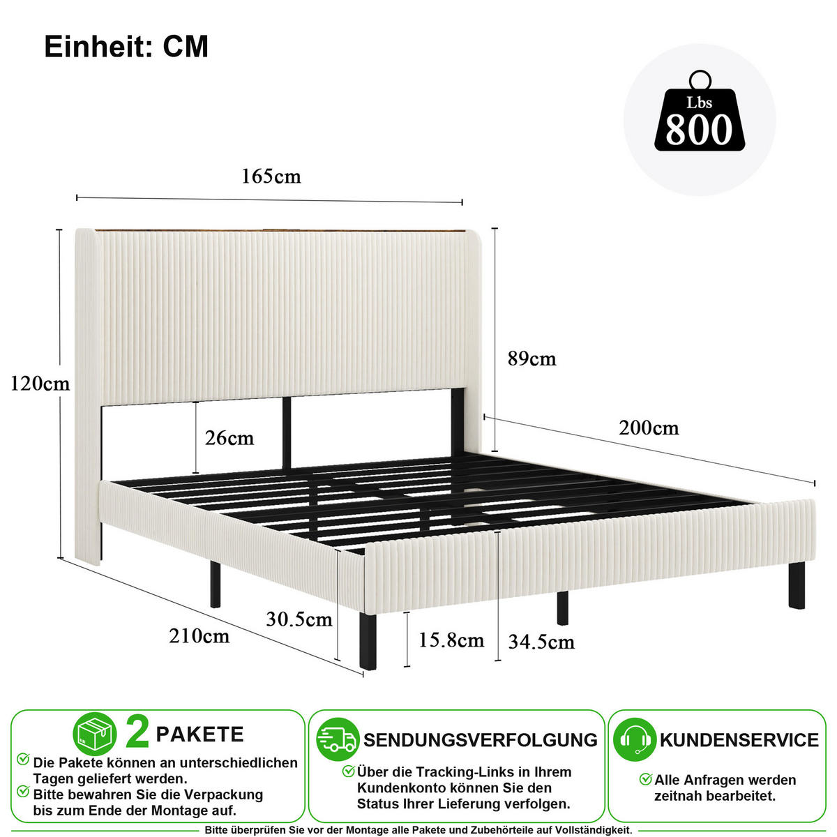 POLSTERBETT 160/200 cm in Beige & Creme Cord mit Kanal-Kopfteil - Beige, Holzwerkstoff/Textil (160/200cm) - CHICFURN