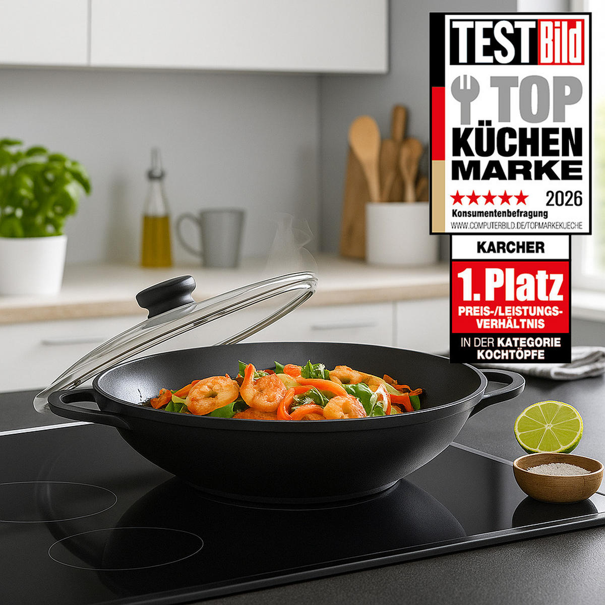 WOK Mai-Lin, Aluguss, Antihaftbeschichtung, inkl. Zubehör, Ø 36 cm - Schwarz, Metall (36cm) - Karcher
