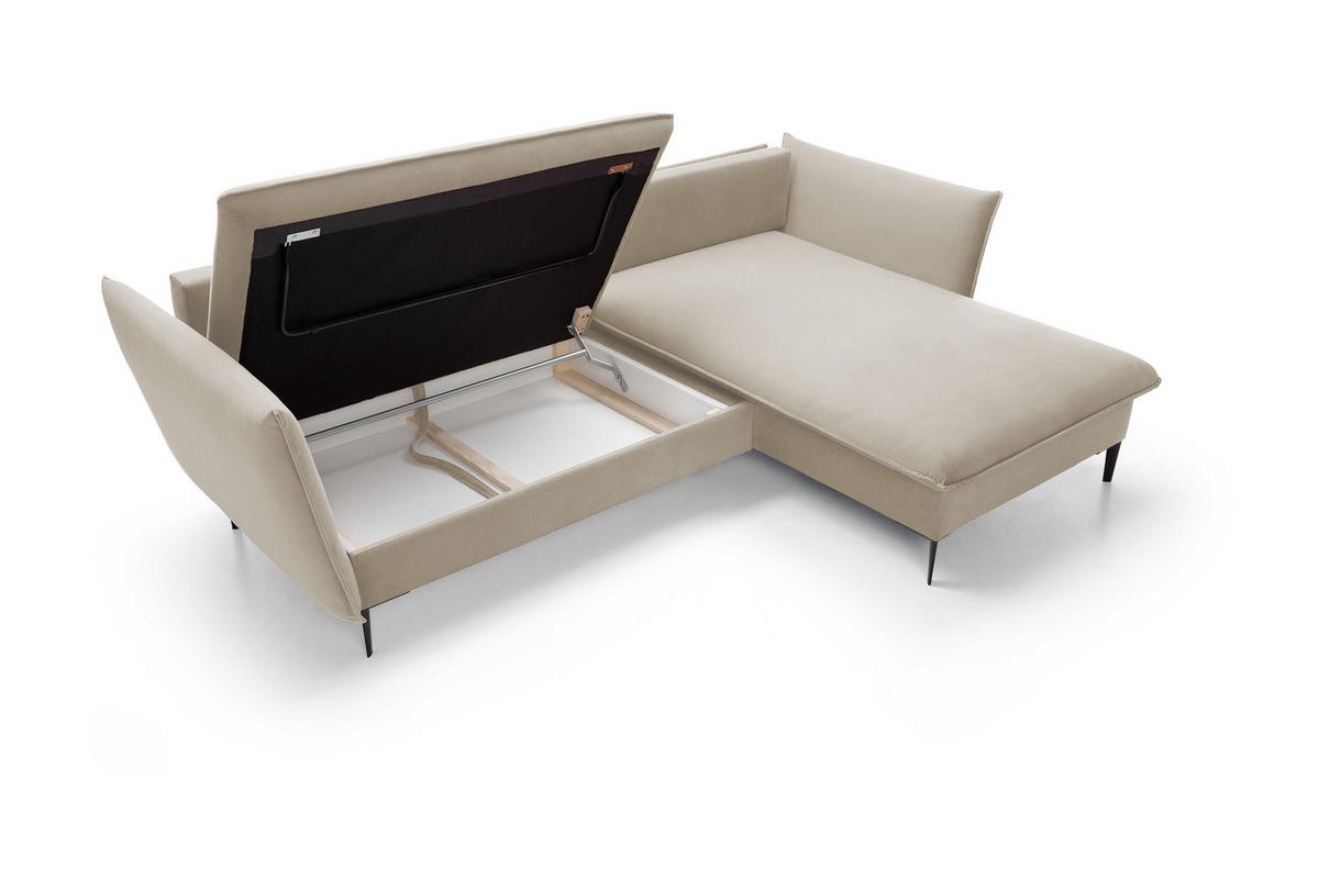 ECKSOFA GLOSS mit Schlaffunktion, Ottomane & goldenen Füßen – Samtsofa im GLOSSour-Stil mit Zierkissen, 258x167x91 cm, Rechte, PLATINUM - Grün, Holz/Textil (258/167cm) - DomoHome