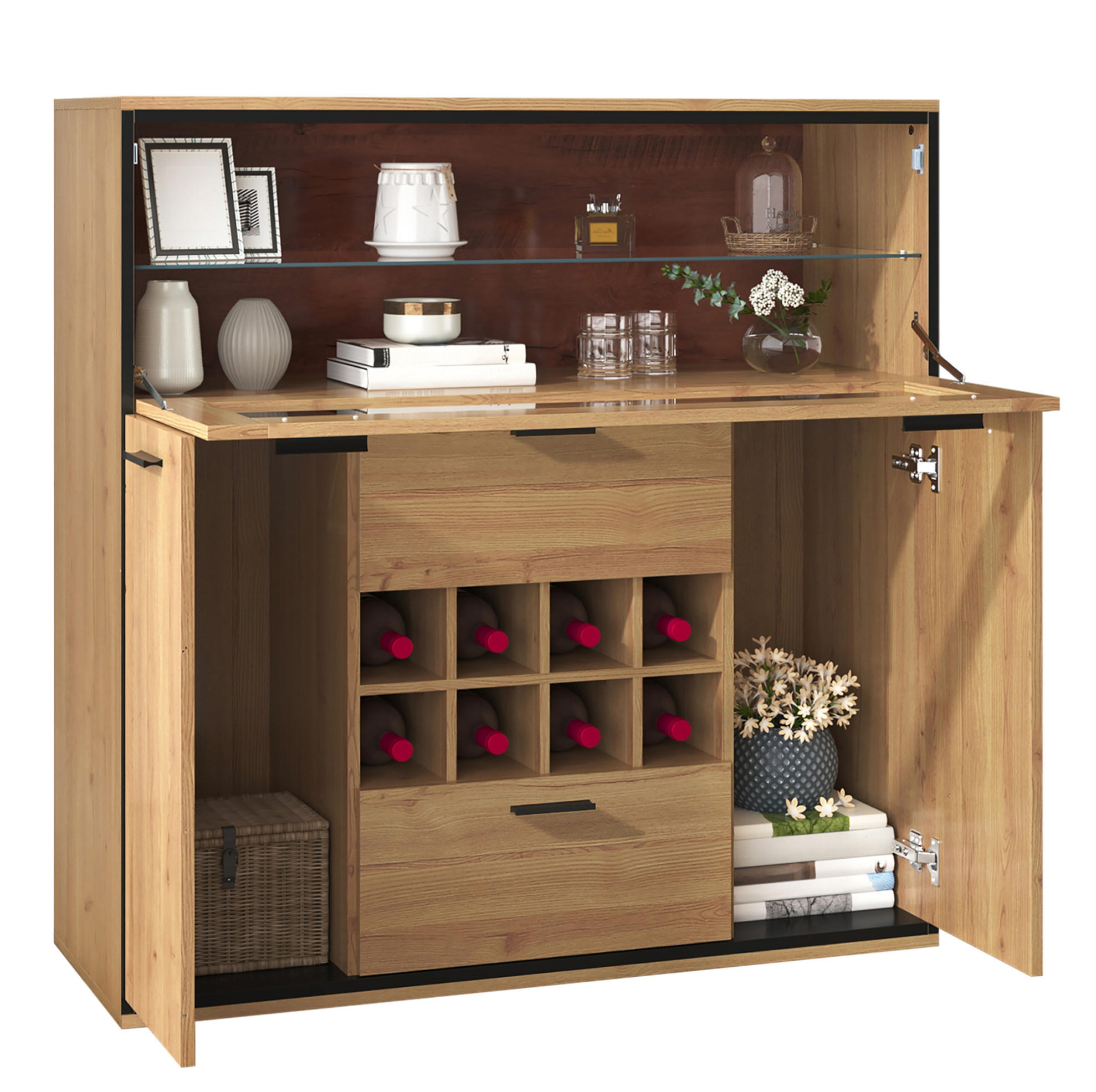 SIDEBOARD 110/38/111 cm in Natur/Schwarz mit Weinregalen und LED-Beleuchtung - Naturfarben, Holzwerkstoff (110/111/38cm) - Flora Grace