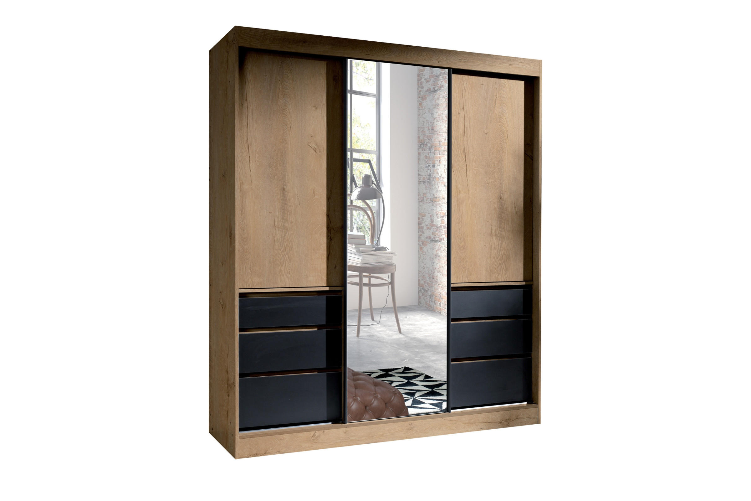 SCHWEBETÜRENSCHRANK HAITI 180/216 cm in Eiche Lefkas / Schwarz - Eichefarben/Schwarz, Holzwerkstoff (180/65/216cm) - Deine Möbel 24