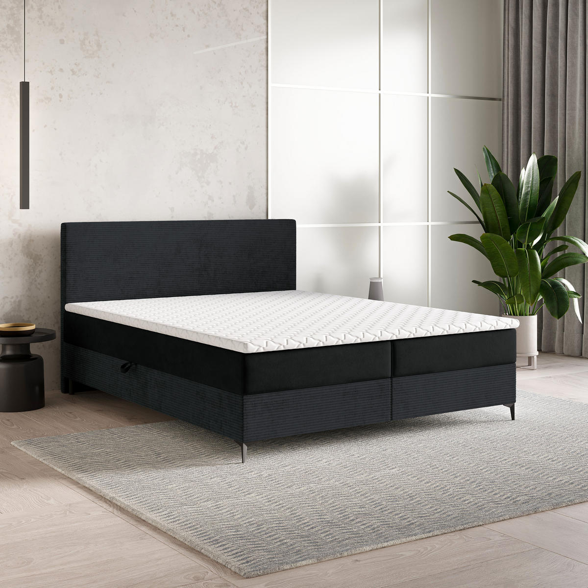 BOXBETT TORREL 180x200 cm mit Matratze und Topper - Schwarz - Schwarz, Holz (180/200cm) - MASSENO