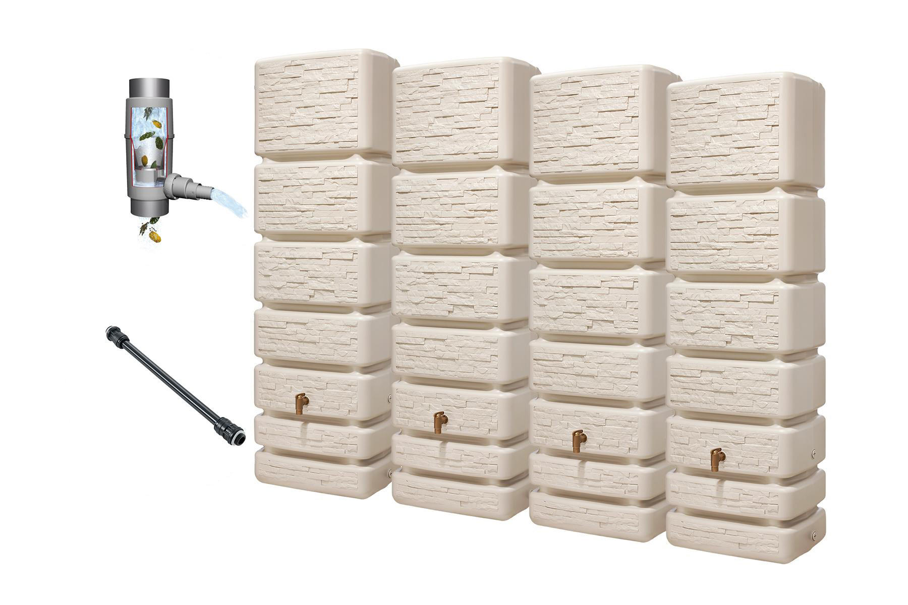 WANDTANK Komplett-Set 1400 L sandbeige 4 x 350 L inkl. Verbindungsset, Kunststoff-Auslaufhahn und Fallrohranschluss - Beige, Kunststoff (270/184/39cm) - 4rain