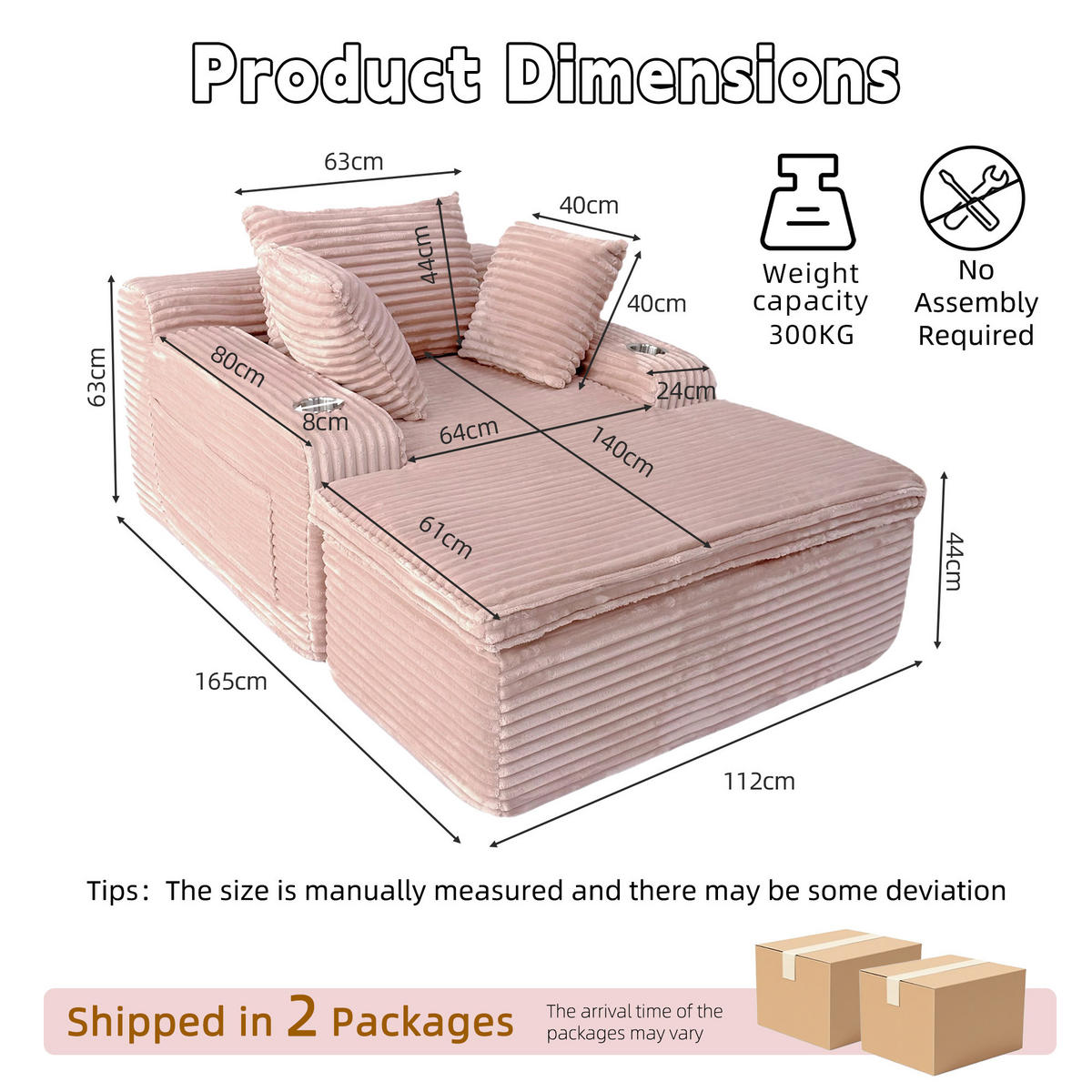SOFA mit Chaiselongue Pink Cord - Pink, Kunststoff (112/63/165cm) - Meubliv