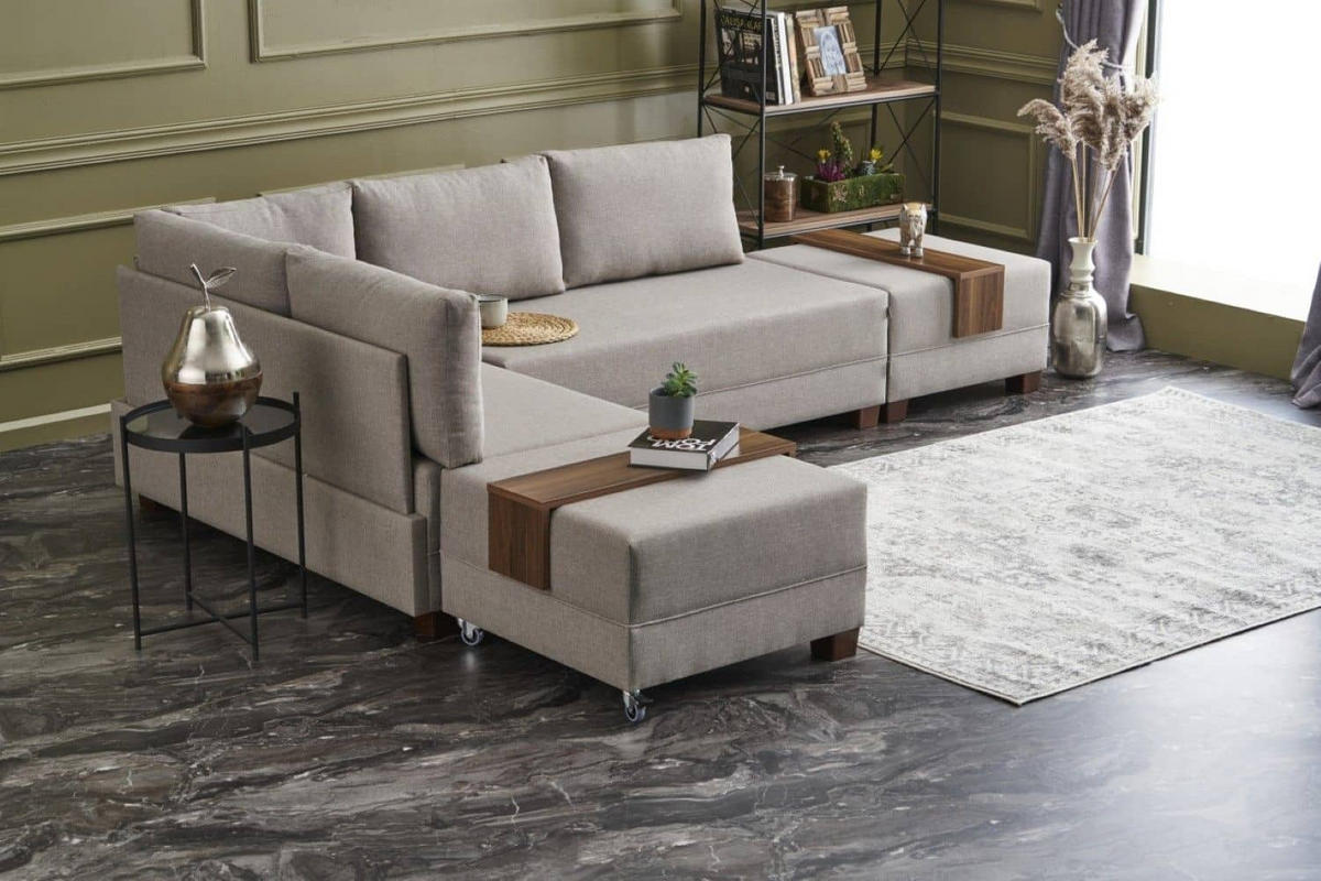 ECKSOFA mit rollbarer Schlaffunktion - Beige/Walnussfarben, Holz/Textil (280/210cm) - myHomelando