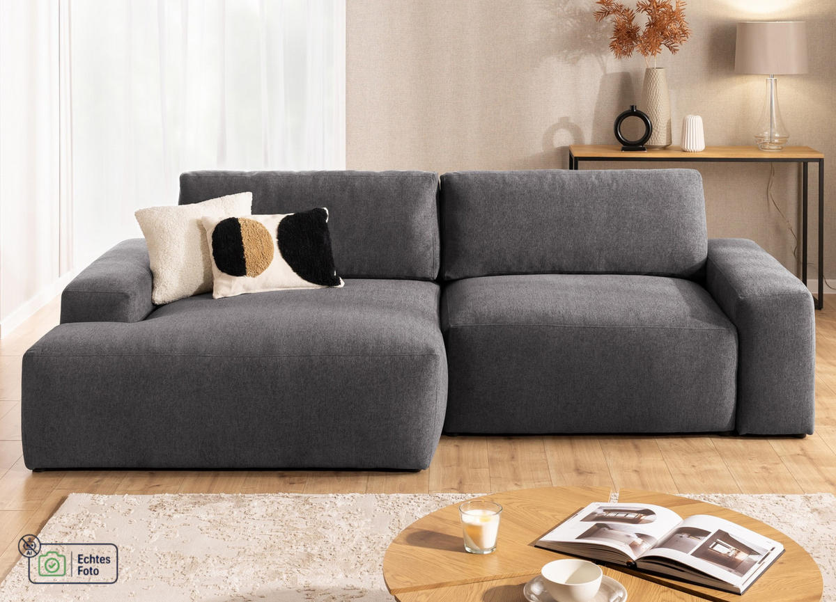 ECKSOFA Lennon aus Graphit Strukturstoff mit Schlaffunktion und Bettkasten - Graphitfarben/Schwarz, Holz/Kunststoff (137/264cm) - S-Style