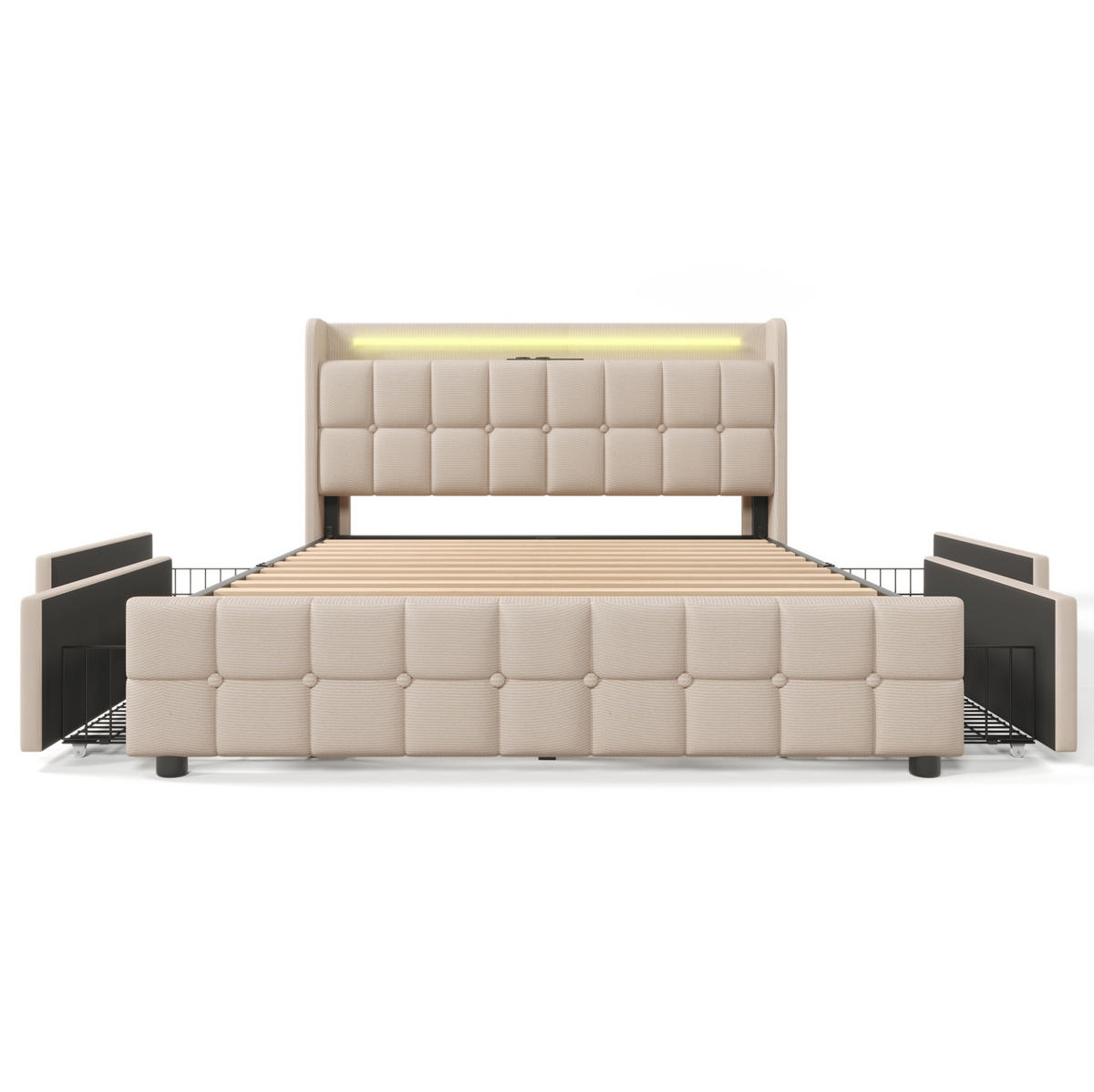 POLSTERBETT 160/200 cm mit USB, Steckdosen, LED-Beleuchtung, 4 Schubladen und Matratze, Beige - Beige, Holz (160/160cm) - Redom