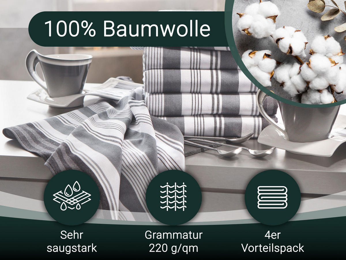 GESCHIRRTÜCHER, 4er-Set, 50x70 cm, 100% Baumwolle, Grau - Grau, Textil (50/70cm) - Zollner