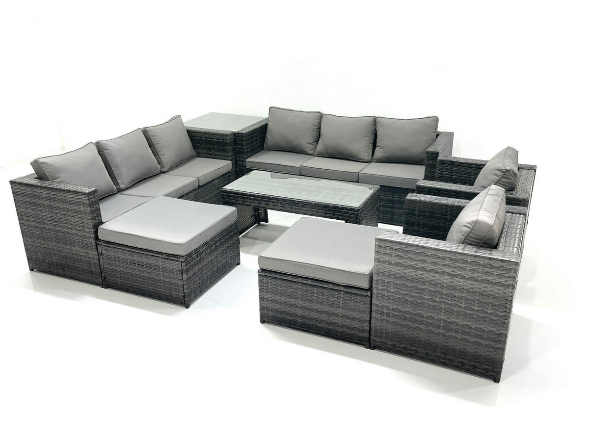 GARTENMÖBEL COUCHTISCH SET mit Sofa Polyrattan Outdoor 10-Sitzer - Dunkelgrau/Grau, Glas/Kunststoff - Fimous