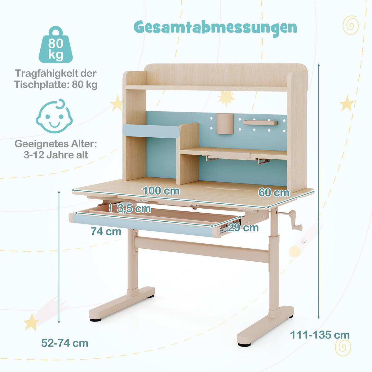 KINDERSCHREIBTISCH höhenverstellbar blau - Blau, Metall (100/111/60cm) - COSTWAY