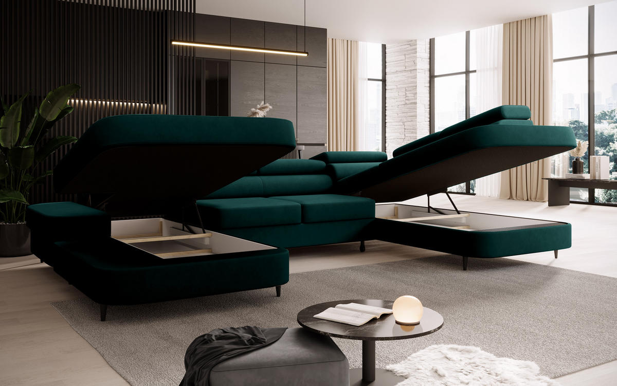 ECKSOFA U-Form PRIAM U Links mit Schlaffunktion 126x270 Velours Grün - Schwarz/Grün, Holz/Textil (350/91/203cm) - Muffo