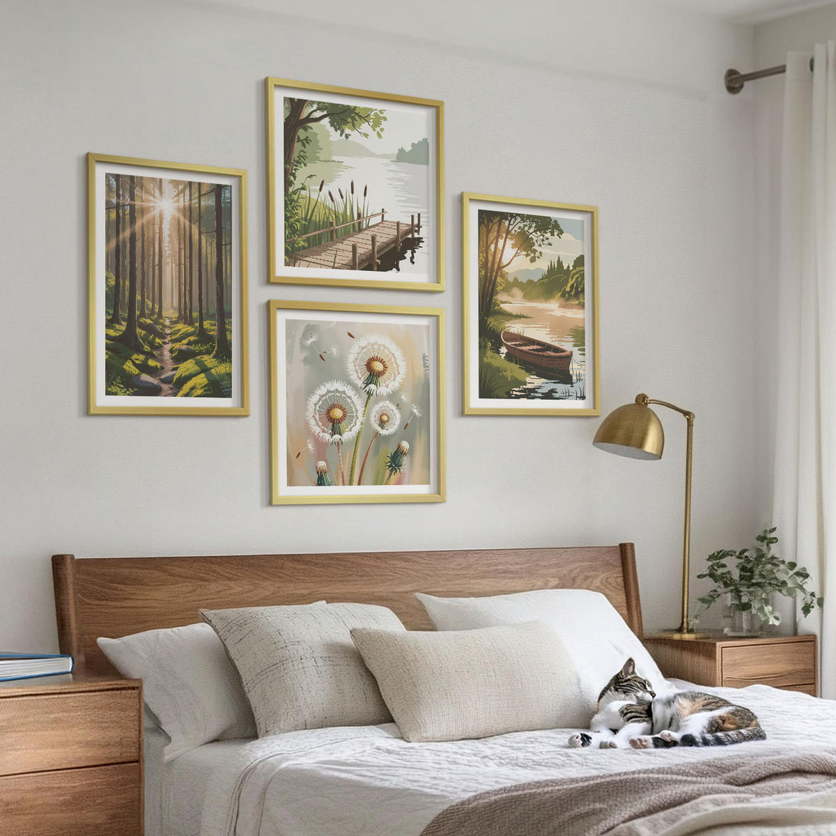 WANDBILDER 4er Set - 50x50 cm & 40x60 cm Goldrahmen - Waldlandschaft, See Łódź - Goldfarben, Kunststoff (50/50cm) - ArtPrintCave