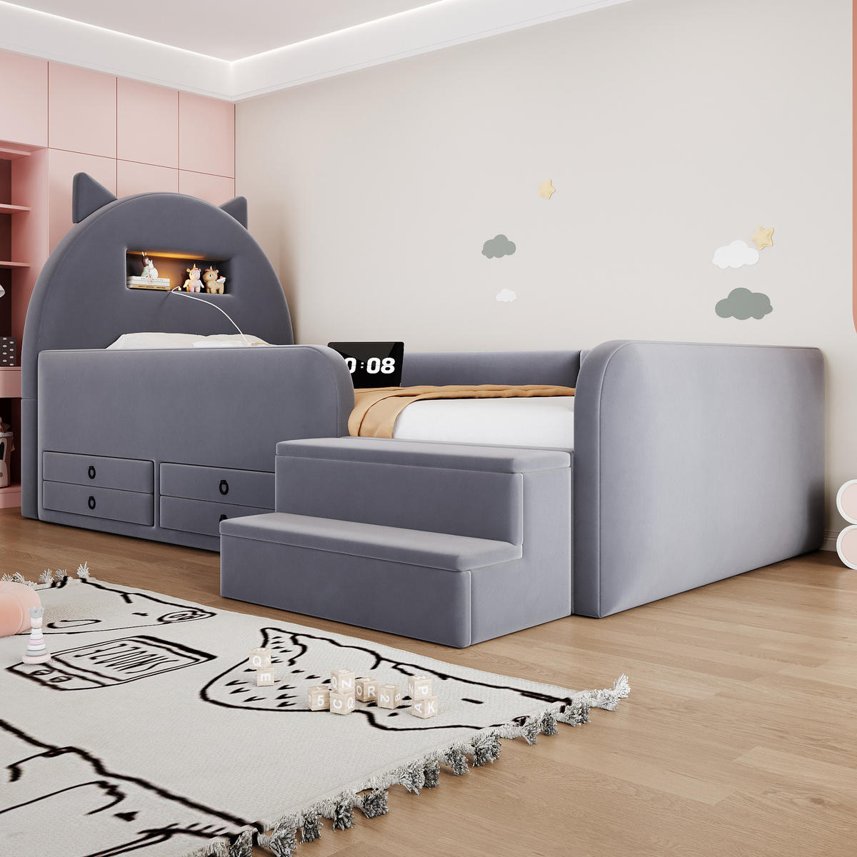 KINDERBETT 90/200 cm in Dunkelgrau mit 4 Schubladen, USB und Nachtlicht Samt - Dunkelgrau, Holzwerkstoff/Textil (90/200cm) - STILVORA