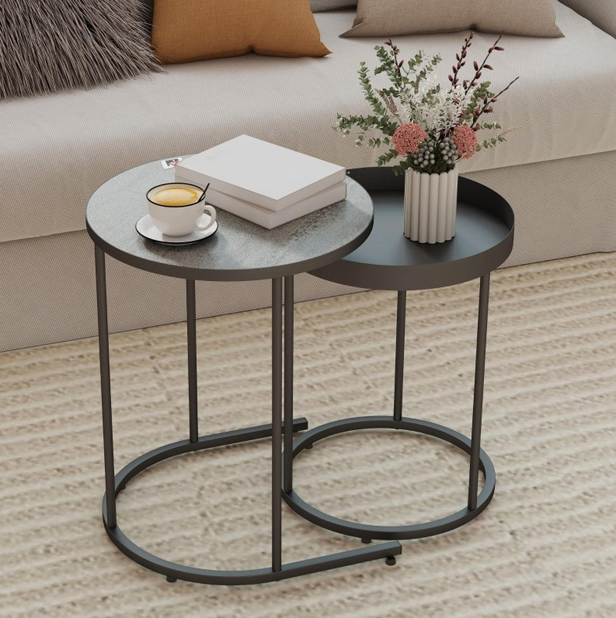 SATZTISCHE 42/36.5 cm grau aus MDF und Metall mit Tablett-Design - Grau, Metall (42/42/54cm) - OKMYHOME