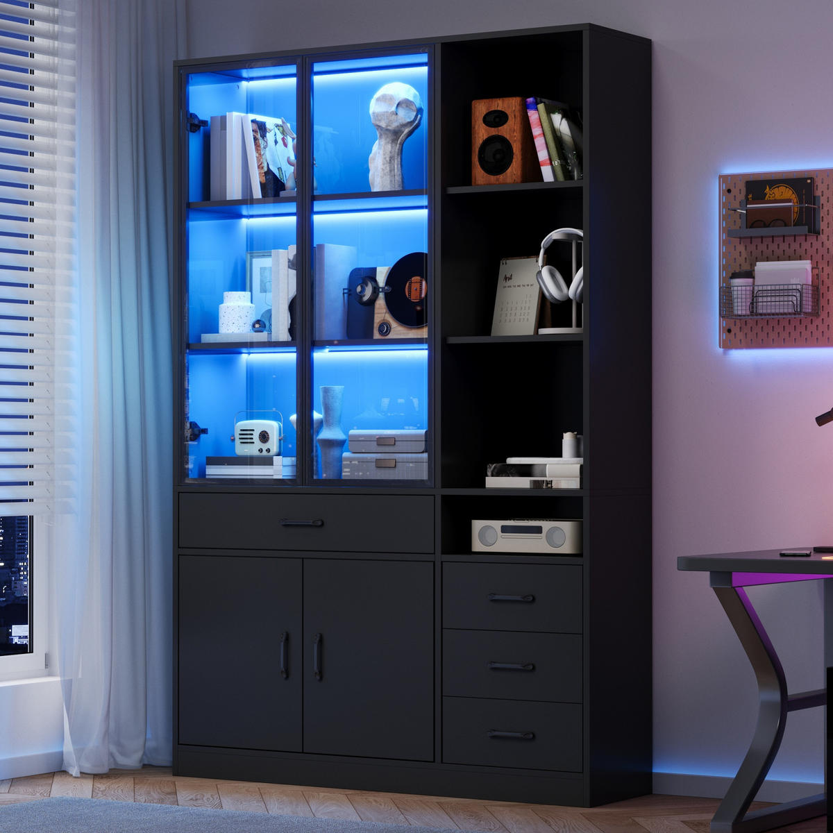 VITRINE LED Hochschrank Glas 120cm 13 Fächer Schwarz - Schwarz, Holzwerkstoff (120/200/35cm) - FLIEKS