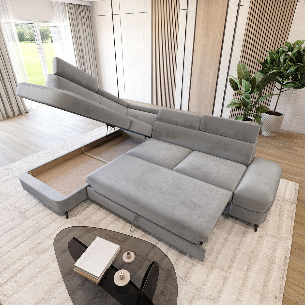 ECKSOFA AVISE M L-S Hellgrau Velours-Stoff mit Schlaffunktion - Hellgrau, Holzwerkstoff/Textil (268/195cm) - MASSENO