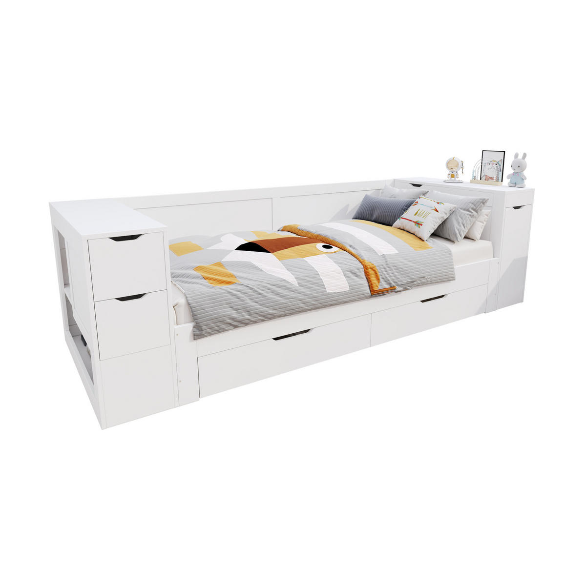 KINDERBETT 90/200 cm aus MDF mit Schublade, Regal und Nachttisch Weiß - Weiß, Holzwerkstoff (90/200cm) - Modenvie