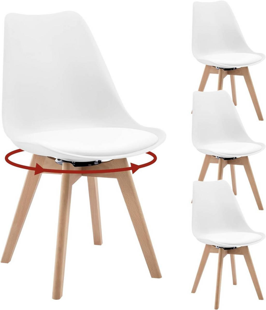 STUHL 4er Set, drehbar, Kunstleder, Massivholz, Weiß - Buchefarben/Weiß, Holz/Kunststoff (48/83/58.5cm) - Woltu