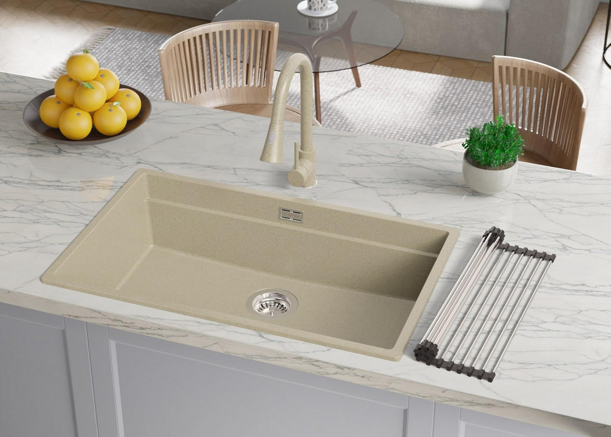 SPÜLBECKEN Praga Slim, 2-er set Beige 76/47 cm 1 Becken + Ablauf-Set + Aufrollbare Abtropffläche ab 80er Unterschrank - Chromfarben/Beige, Kunststoff (76/20/47cm) - Primagran