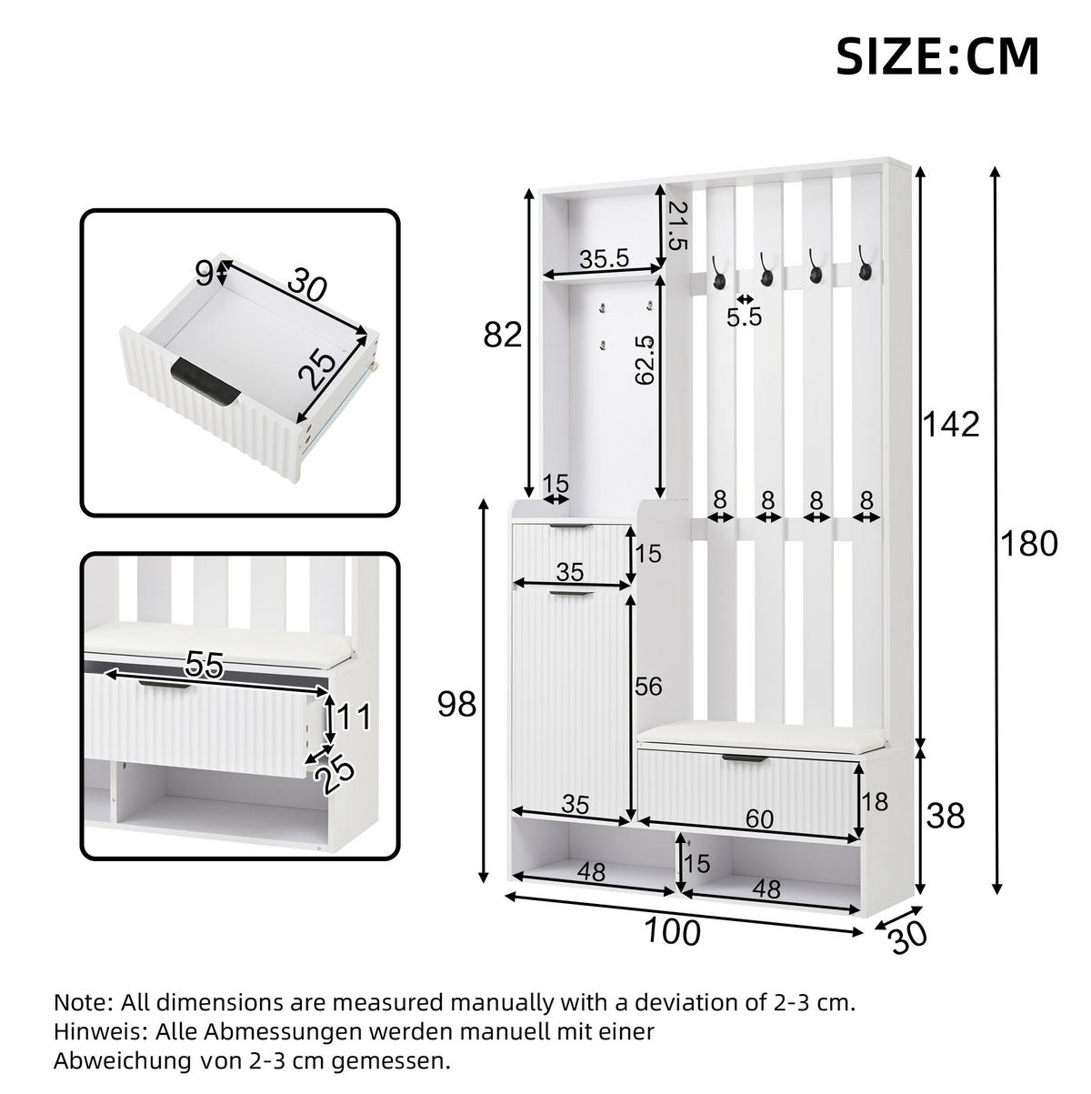 GARDEROBE 100/180/30 cm Weiß aus Spanplatte mit Sitzkissen - Weiß, Holzwerkstoff (30/180/100cm) - OKMYHOME