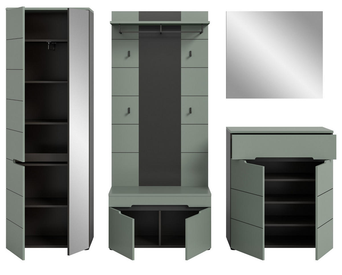 GARDEROBE-SET Salbei und Grau, Garderobe 5-teilig, 255 x 190 cm, Soft-Close, Cooper - Salbeigrün/Dunkelgrau, Holzwerkstoff/Kunststoff (255/190/37cm) - Inn.Furn