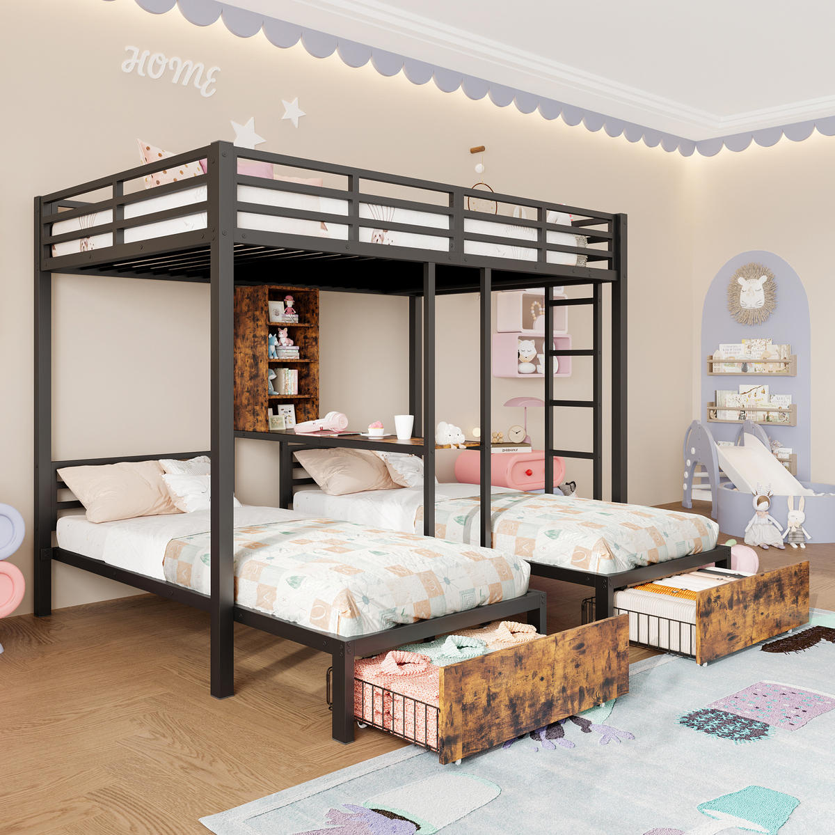 ETAGENBETT aus Metall und MDF 140x200/90x200 cm Schwarz mit 3 Schlafplätzen, Seitengittern, Regalen und 2 Schubladen - Schwarz, Holzwerkstoff (140/200cm) - Modfu