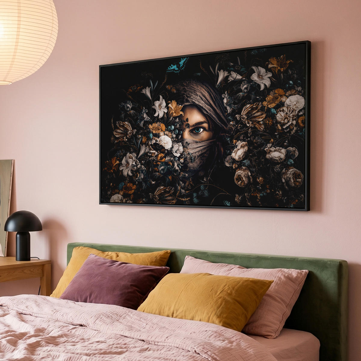 LEINWAND Bilder mit Rahmen - Frau - Luxus - Blumen - Schmetterling - Porträt - 150x100 - Schwarz, Textil (150/100cm) - MuchoWow