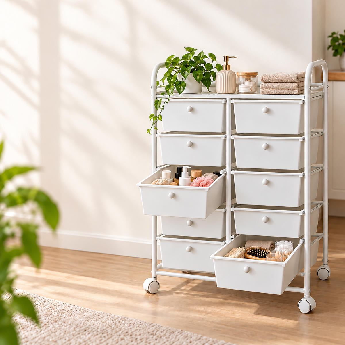 VOZÍK Bílý 10 zásuvek kov plast 96/65/38 cm - bílá, kov/plast (65/96/38cm) - Relaxdays