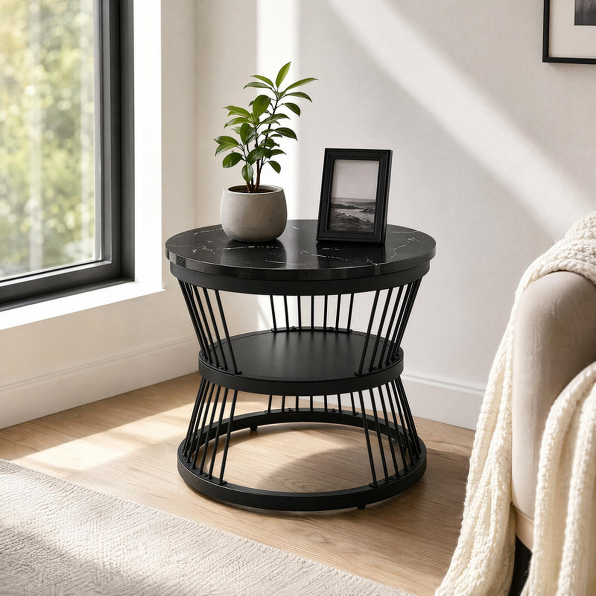 COUCHTISCH Set 2-teilig Rund Schwarz Weiß Marmoroptik mit Ablage - Schwarz, Holzwerkstoff (70/2/45.5cm) - SHOPENTRA