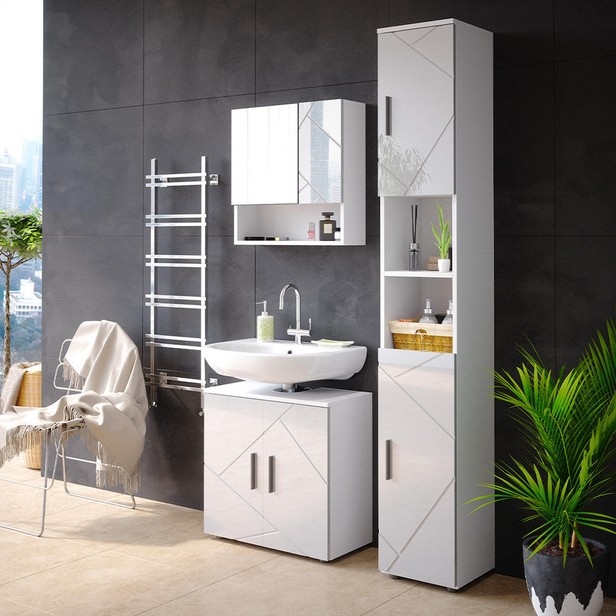 BADMÖBEL-SET Irma Weiß Hochglanz 3 Teile, mit Hochschrank - Weiß Hochglanz/Weiß, Holzwerkstoff (80/58.6/41cm) - Vicco