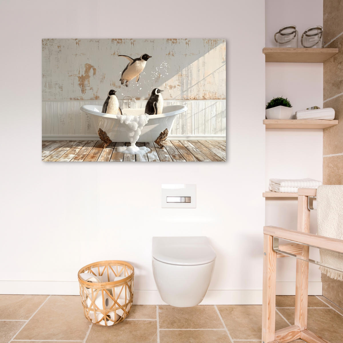 LEINWANDBILD Vintage - Pinguin - Badewanne - Schaumstoff Wohnzimmer 120x80 cm - Schwarz, Textil (120/80cm) - MuchoWow