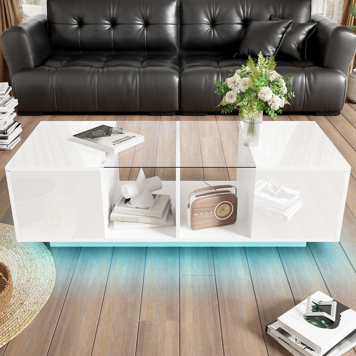 COUCHTISCH 120/50/38,5 cm weiß mit LED-Beleuchtung und Glasplatte - Weiß, Holzwerkstoff (120/50/38.5cm) - OKWISH