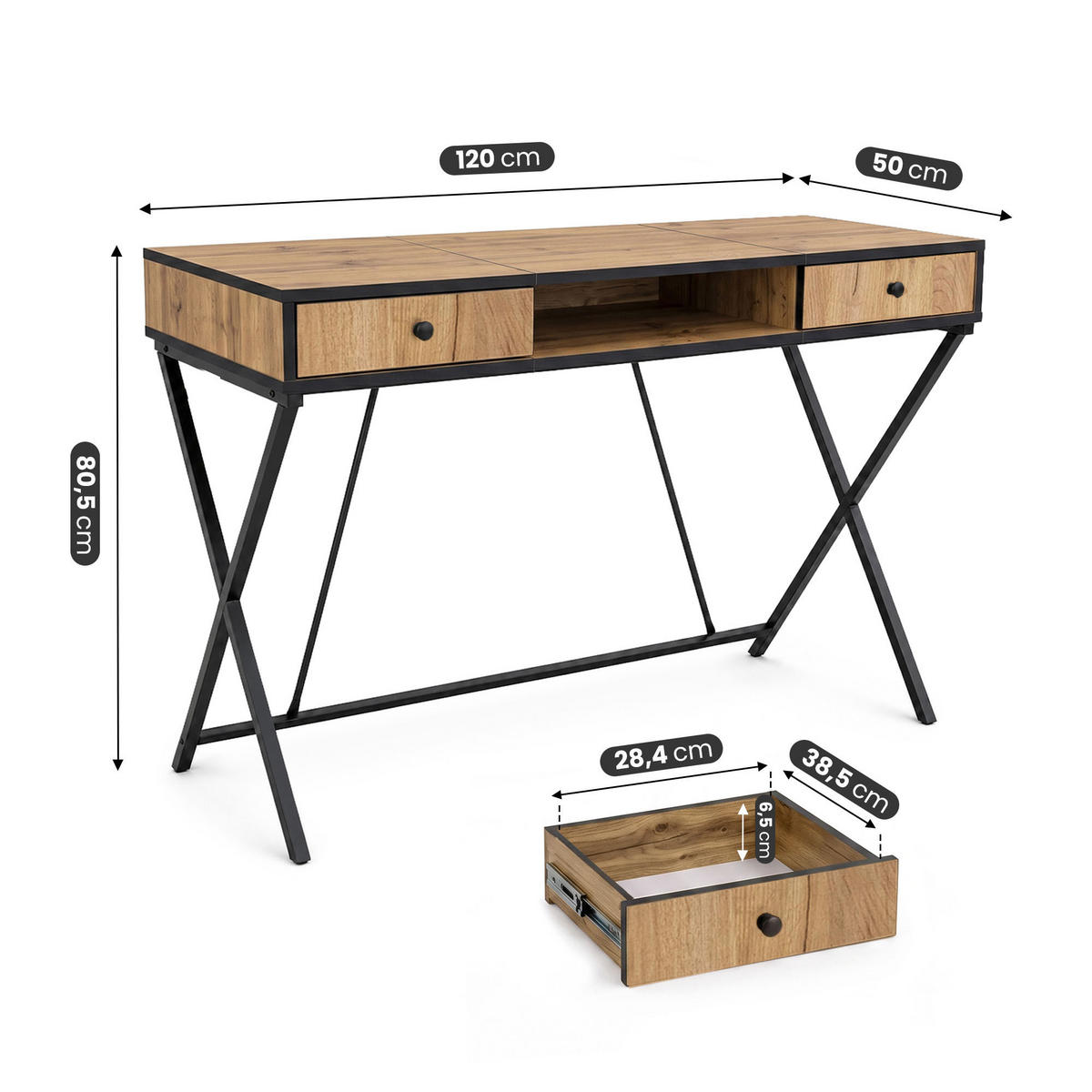 SCHREIBTISCH CROSSLINE 120 cm Eiche Craft - Eichefarben/Schwarz, Holzwerkstoff (50/120/80.5cm) - Akord