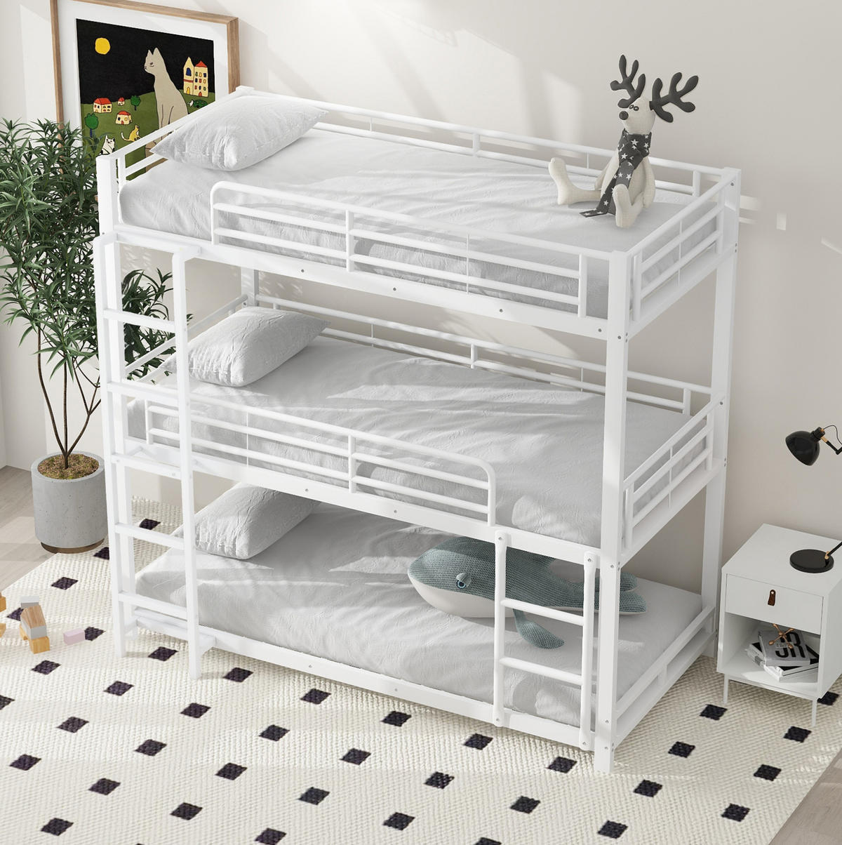 ETAGENBETT 90/200 cm aus Metall in Weiß, Dreifach-Design mit Leiter - Weiß, Metall (90/200cm) - Flora Grace