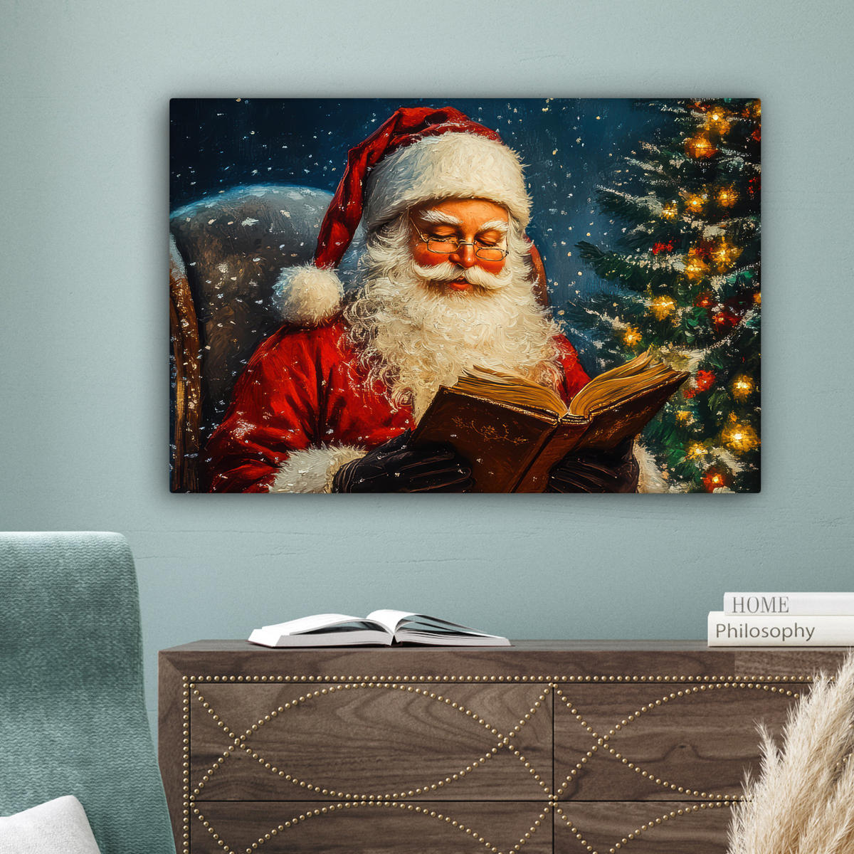 LEINWANDBILD Weihnachtsmann - Weihnachten - Winter - Weihnachtsbaum Wanddeko 90x60 cm - Bordeaux, Textil (90/60cm) - MuchoWow