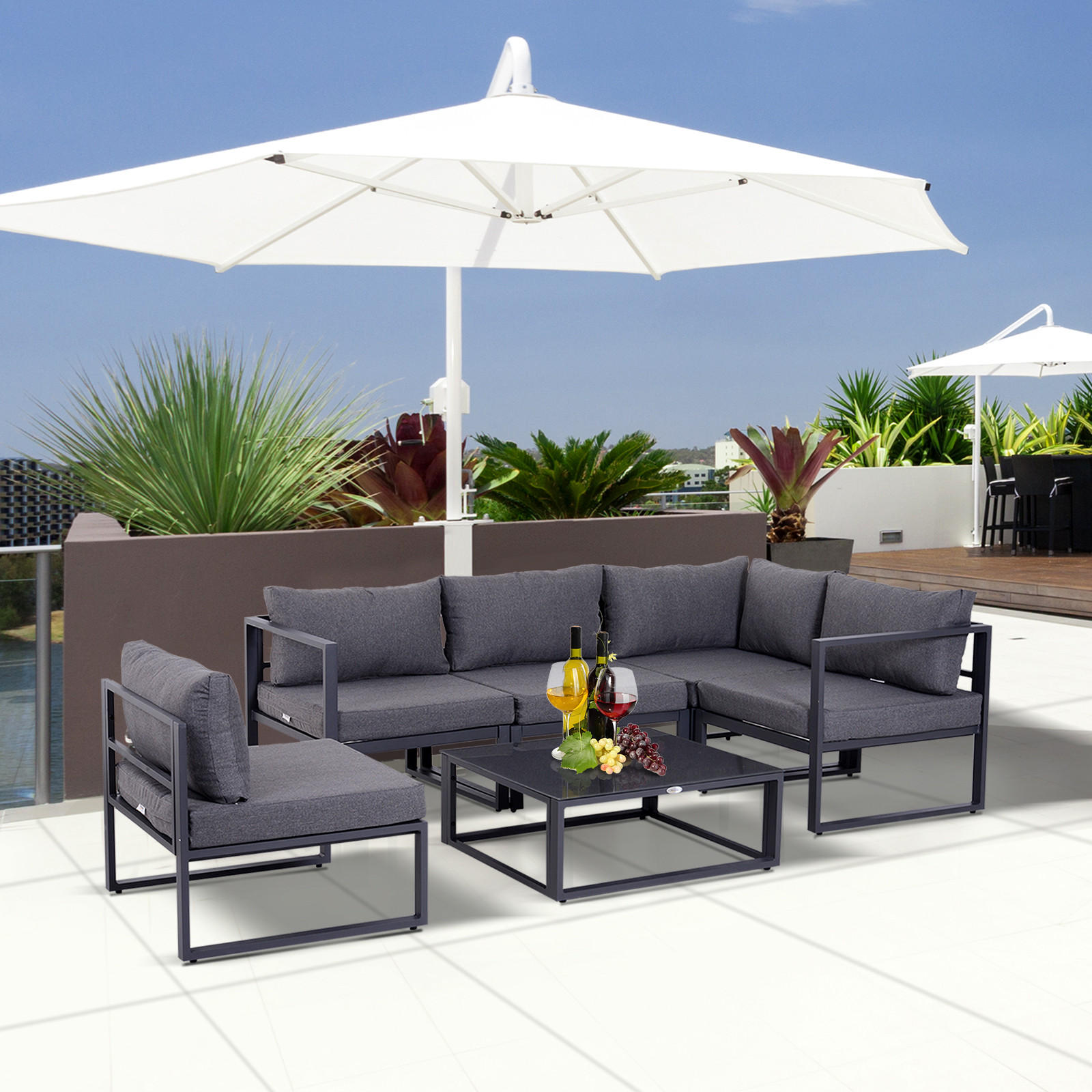 GARTENMÖBEL Set, Alu, Polyester, Grau - Grau, Glas/Kunststoff - Outsunny