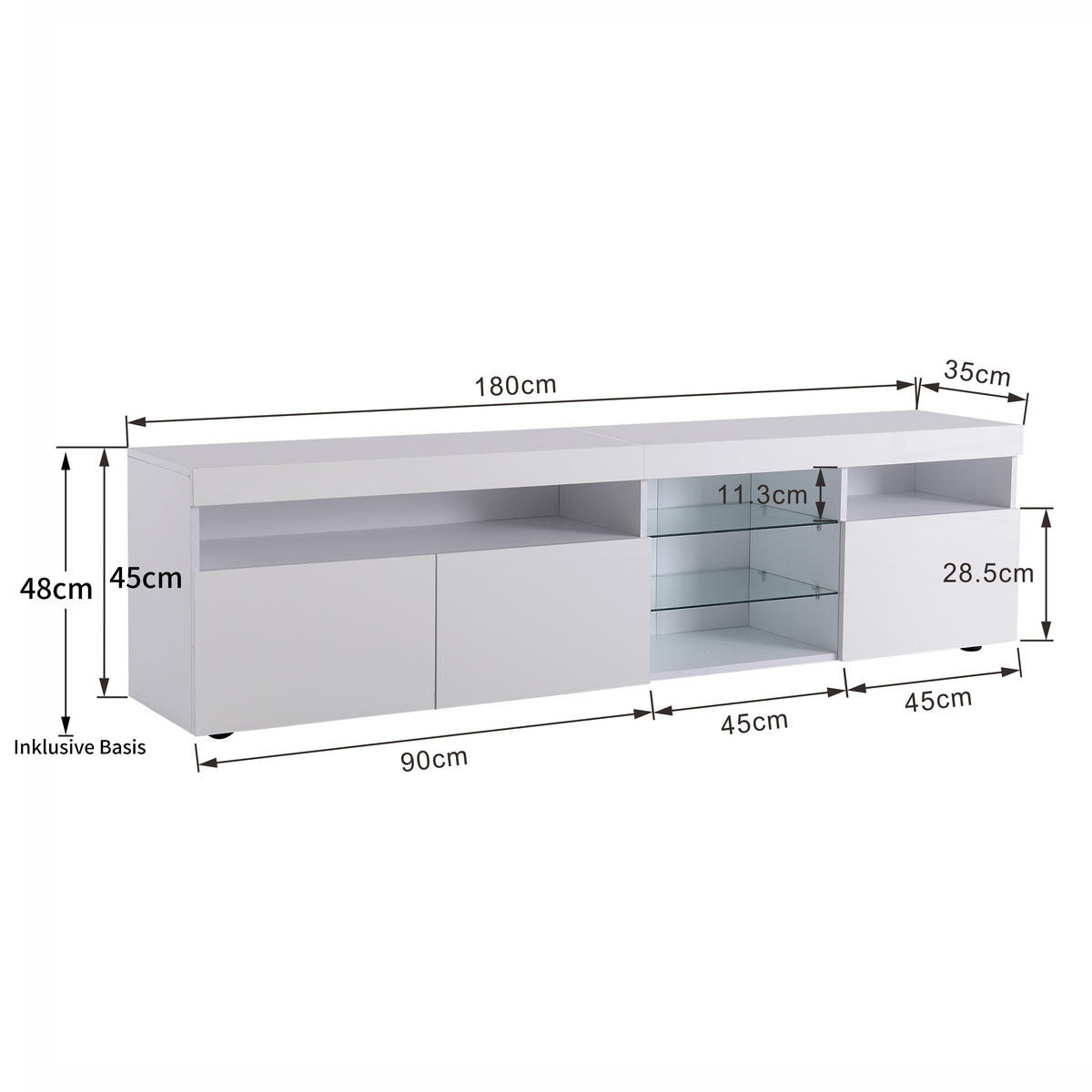 LOWBOARD in Weiß mit LED-Beleuchtung und Stauraum für Wohn- und Esszimmer, B180/T35/H48cm - Weiß, Glas/Holzwerkstoff (180/45/35cm) - STILVORA