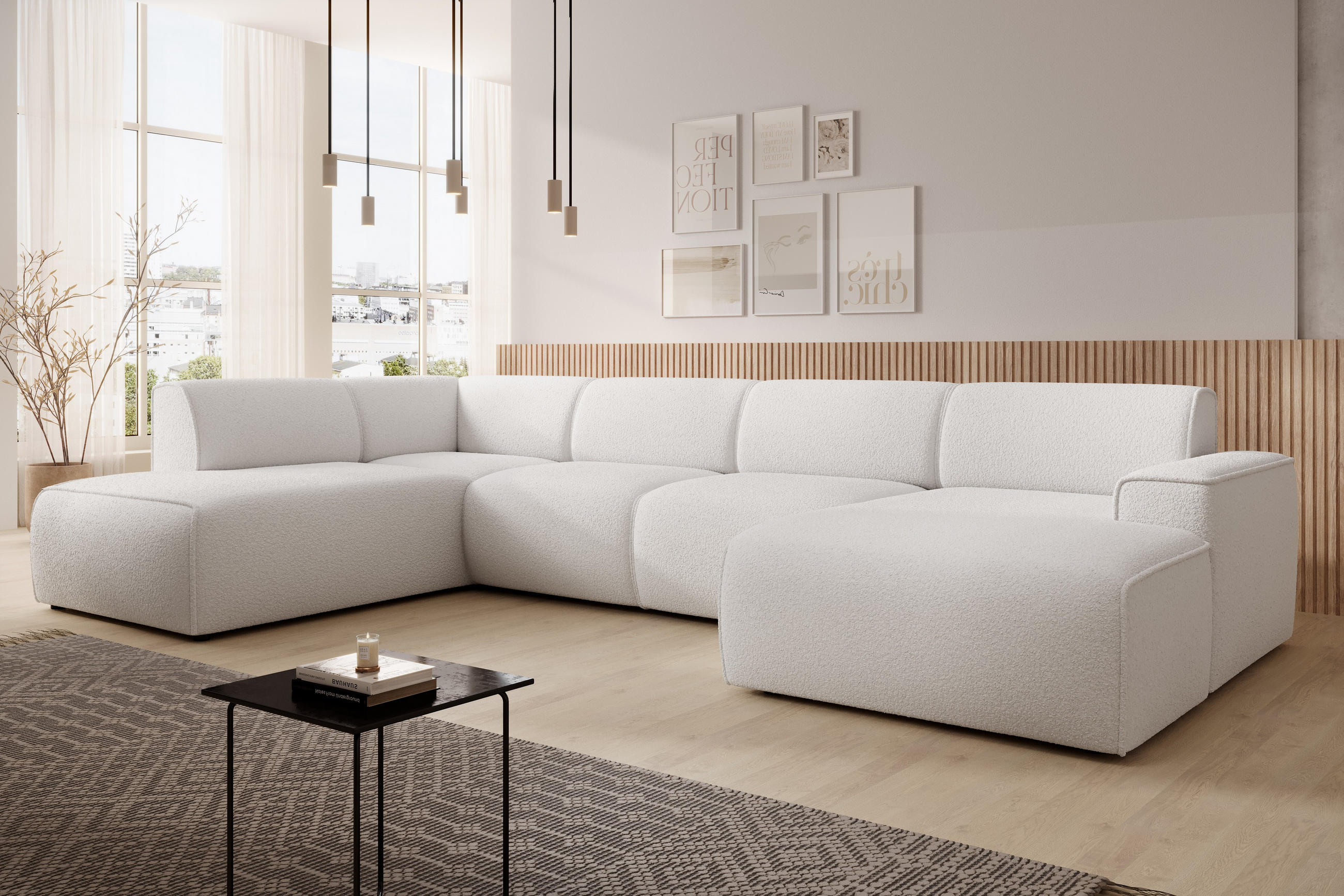 WOHNLANDSCHAFT Didim Weiß 378/220/78 cm – großes Sofa stilvoll & bequem L - Schwarz/Weiß, Kunststoff/Textil (220/78/378cm) - AX Living