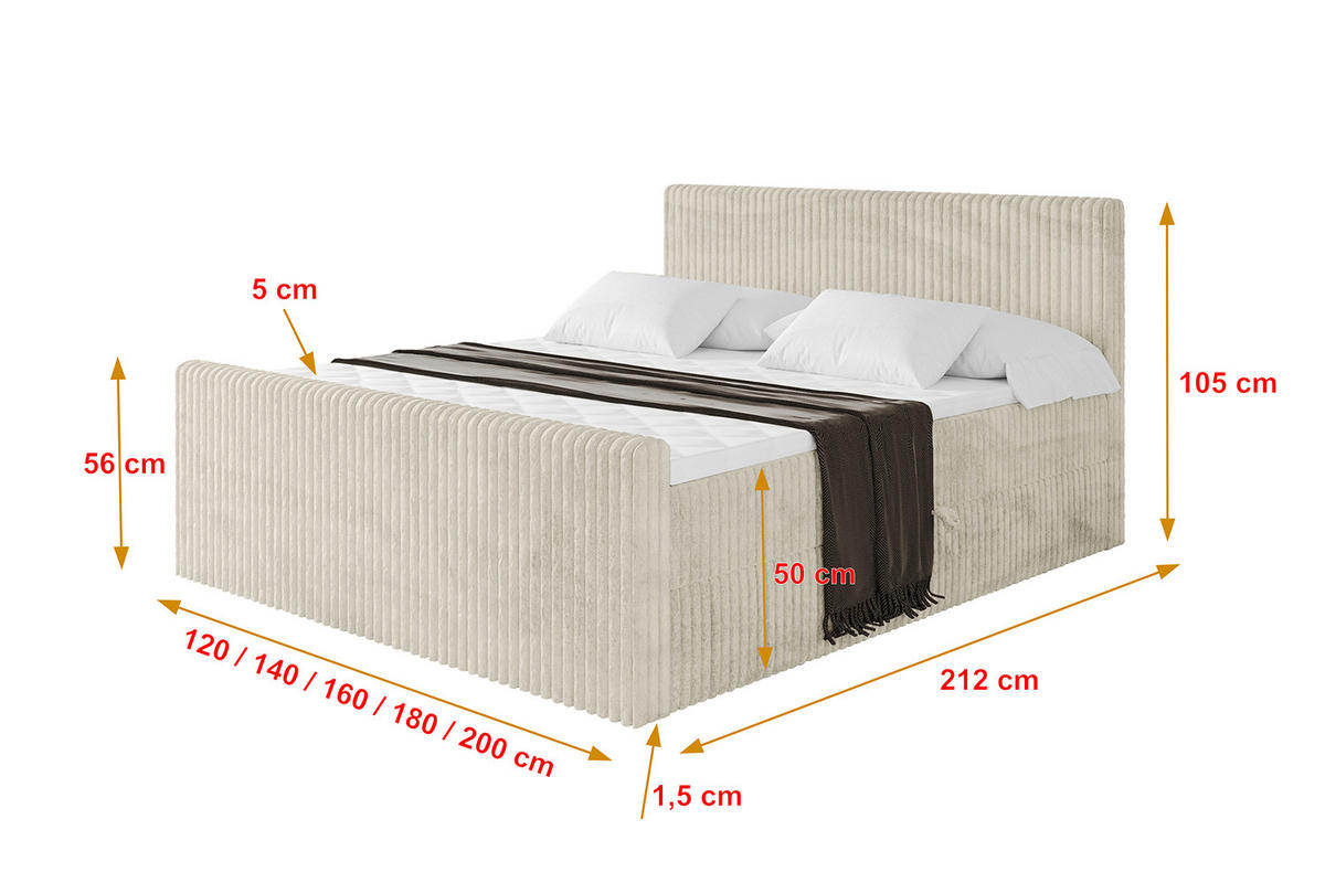 BOXBETT mit Matratze H3 und Lattenrost - TOLO-Z - 140x200 Cord - Creme - Champagner, Holzwerkstoff (140/200cm) - ALTDECOR