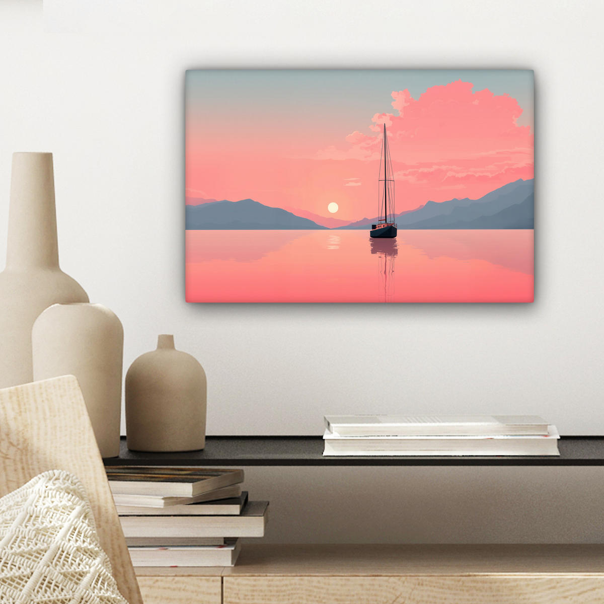 LEINWANDBILD Segelboot - Rosa Meer - Sonnenuntergang - Berge Deko Schlafzimmer 30x20 cm - Rosa, Textil (30/20cm) - MuchoWow
