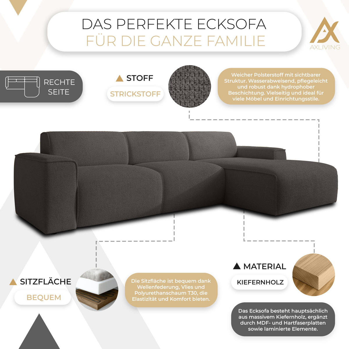 ECKSOFA L Form Didim mini Grau 310/165/78 cm – stilvolle kleine Eckcouch R - Schwarz/Grau, Kunststoff/Textil (310/165cm) - AX Living