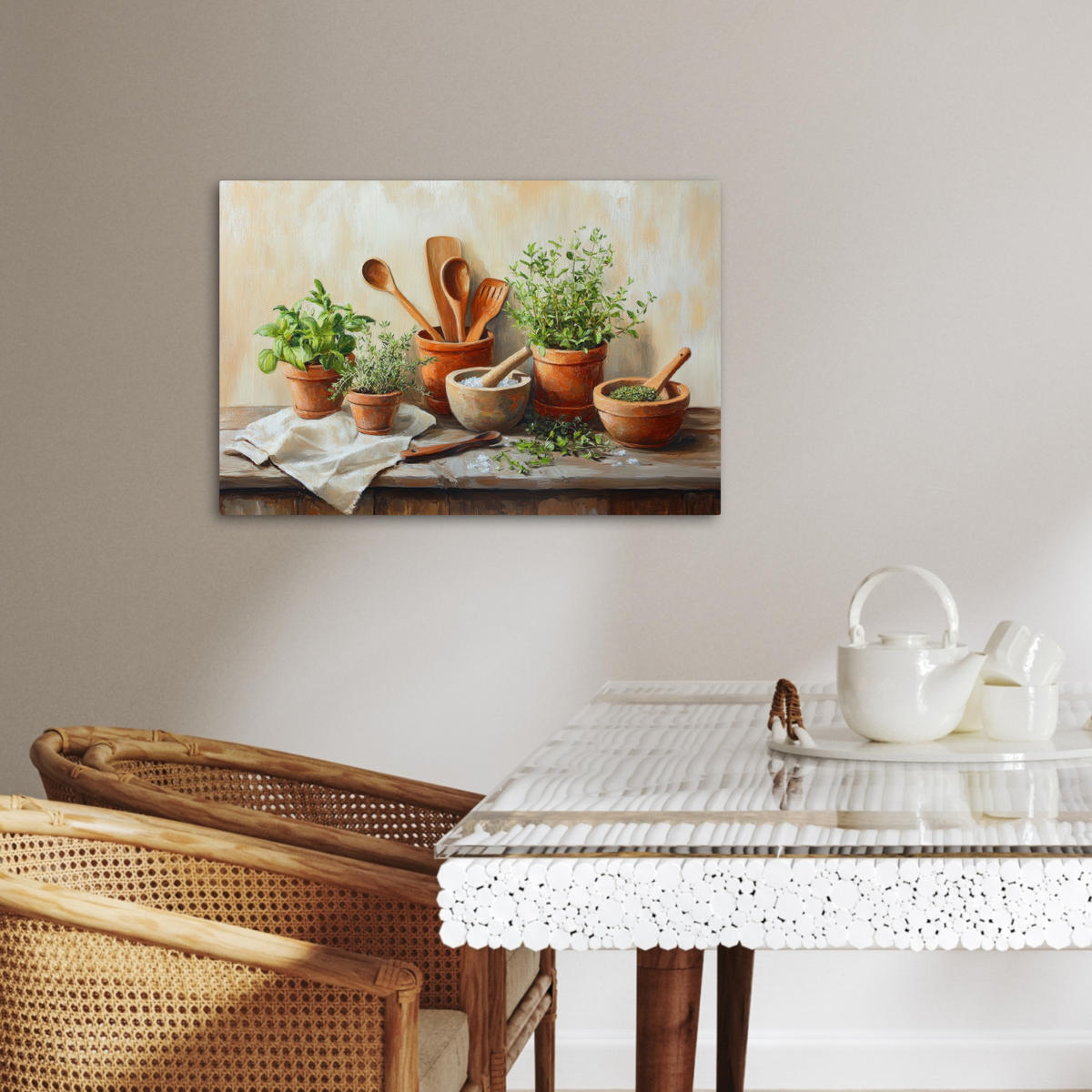 LEINWANDBILD Töpfe - Kräuter - Holz Gemälde 60x40 cm - Terracotta, Textil (60/40cm) - MuchoWow