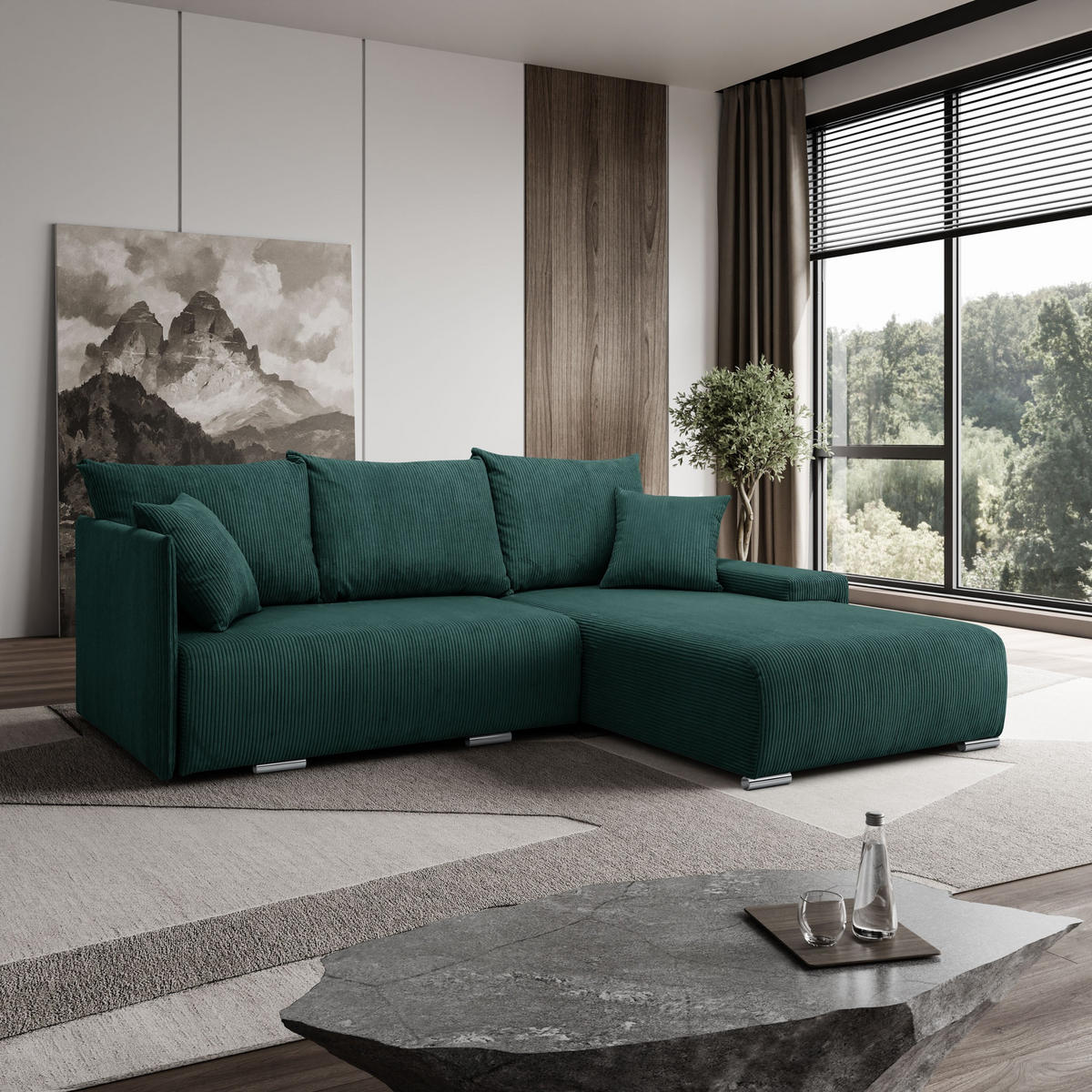 ECKSOFA L-Form Schlaffunktion Livorno Cord-Stoff Grün Rechts - Chromfarben/Schwarz, Holz/Kunststoff (246/188cm) - Kaiser Möbel