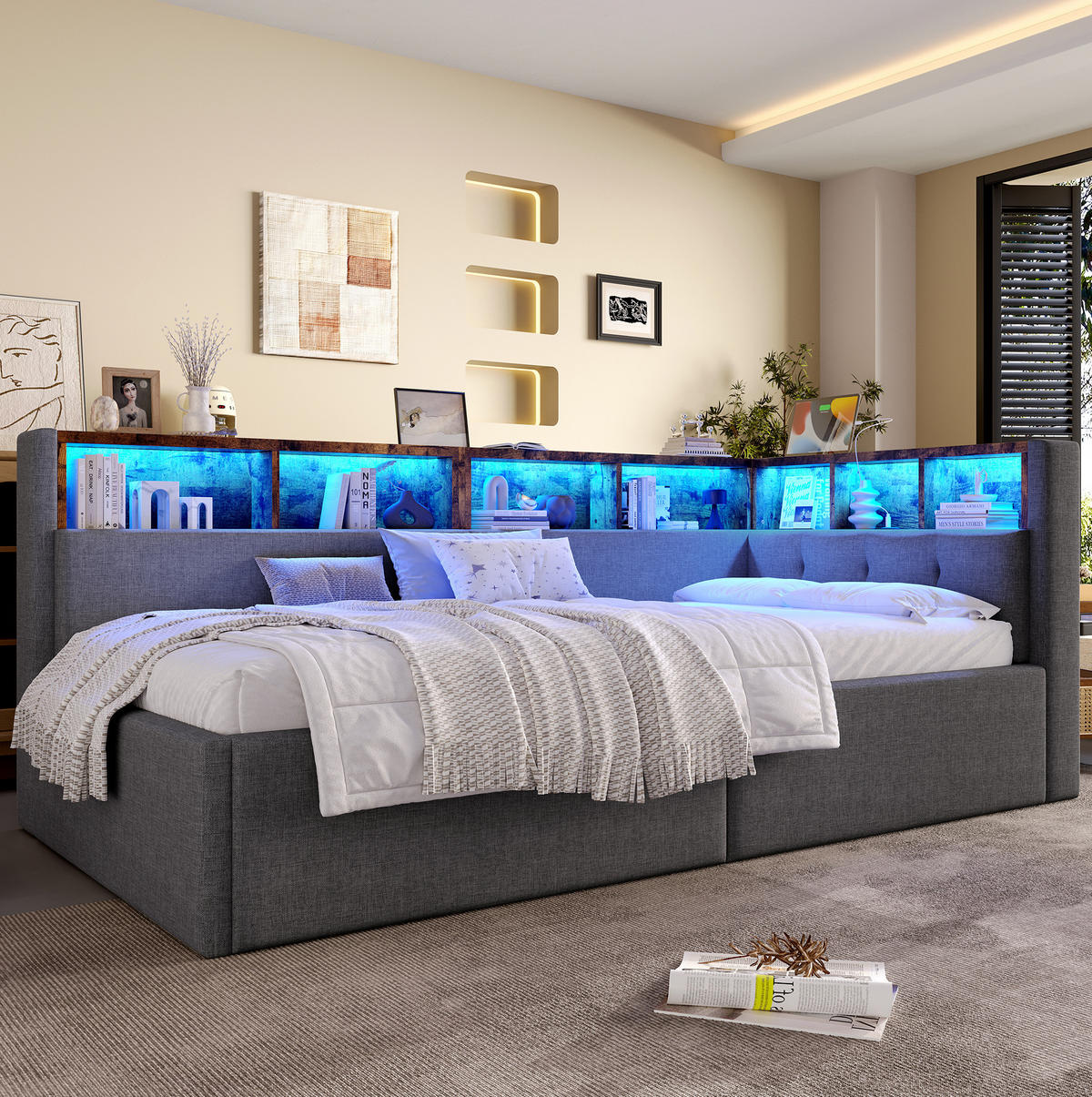 POLSTERBETT 90/200 cm Grau aus Leinen mit LED-Beleuchtung und USB- und Type-C-Anschlüssen - Grau, Textil (90/200cm) - Flora Grace